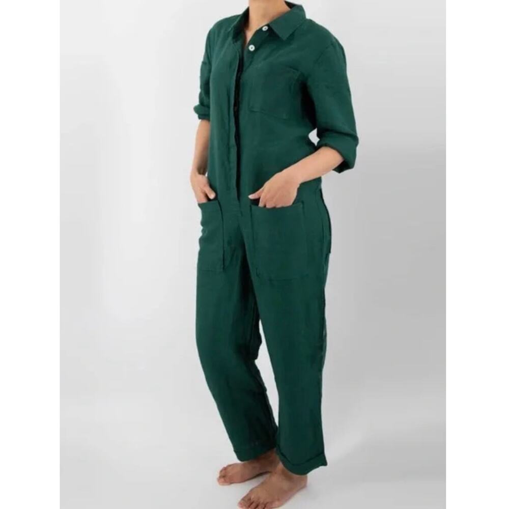 Sunday Morning $158 Isabelle 100% French Linen Jumpsuit Green L Casual Oversized